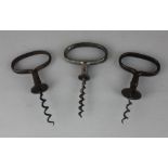 A Three Cellarman easer corkscrews with oval ring handles, one marked Universal, Hipkins and Son,