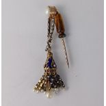 A Victorian diamond and pearl tassel pin, set with rose cut and single cut diamonds with guilloche