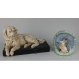 A Crown Devon Fieldings 'Ivrine' ceramic model of a dog 18cm high, together with a Sylvac pottery