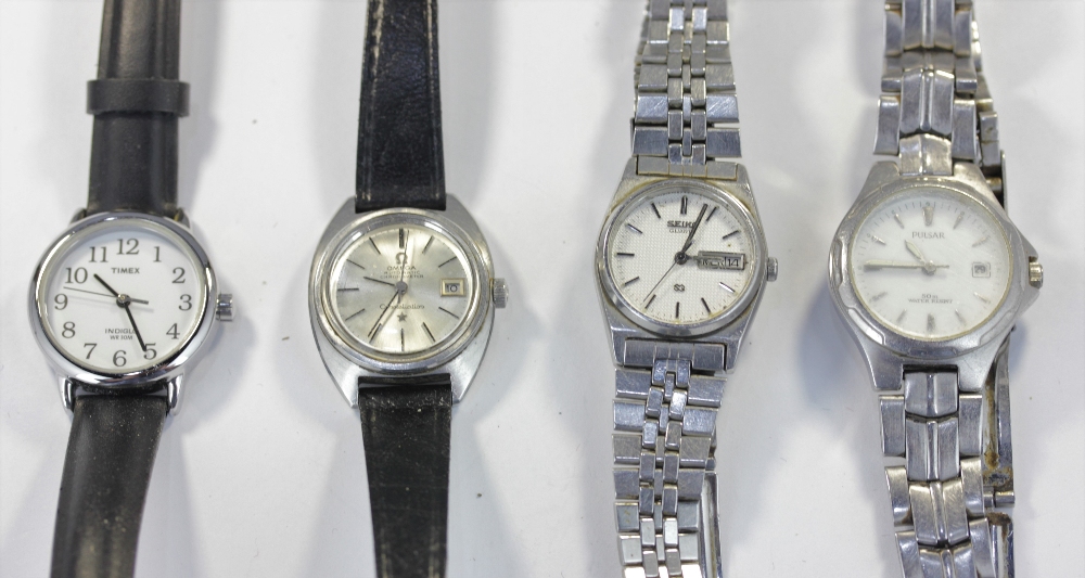 A lady's stainless steel Omega Constellation wristwatch on associated leather strap, together with