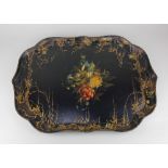 A Victorian black lacquered serving tray with floral decoration and gilt embellishments 64cm