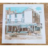 Peter Gauld (1925-1989), street scene, Fox Brothers, Tunbridge Wells, lithograph in colours,