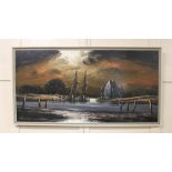 Elliott, nighttime scene with moored fishing boats, oil on board, signed, 51cm by 102cm