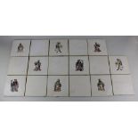 Seventeen Minton tiles, comprising nine decorated with Medieval figures and eight matching blanks,