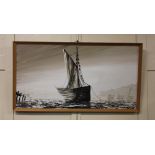 Passour, moored boat off a coastline, oil on board, signed, 47cm by 90cm