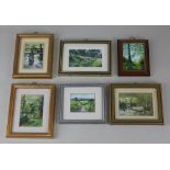 A collection of six 20th century miniature paintings of countryside views, all signed, various