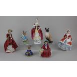 Four Royal Doulton porcelain lady figurines Top o' the Hill HN1834, Masquerade HN2259, Noelle HN2179