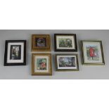 A collection of six 20th century miniature paintings of country scenes and doorways, oils and