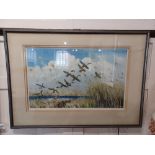 After Peter Scott, coastal landscape view of ducks in flight, 'Mallard Rising', colour print,