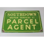 A double-sided bus motoring enamel sign 'Southdown Motor Services Ltd Parcel Agent' 25cm by 40.