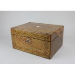 A Victorian parquetry and mother of pearl inlaid workbox, 29.5cm, with key