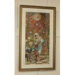 Victorian school, Eastern interior scene of woman watering flowers, watercolour, unsigned, 71cm by