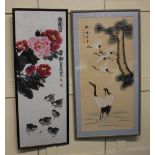 Two framed Chinese paintings of storks, 78cm by 36.5cm, and flowers with chicks and grasshopper 90cm