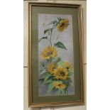 20th century school, a framed rectangular panel decorated with sunflowers, believed on glass,
