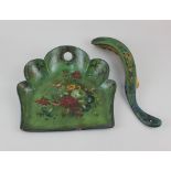 A Victorian green painted crumb brush and tray with floral and scrolling gilt decoration (a/f)