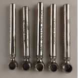 Five advertorial chrome pocket corkscrews with inscribed slide covers/handles, including