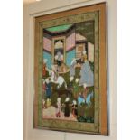 A Persian picture of figures and horses in a landscape 78cm by 51cm