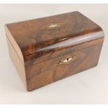A Victorian walnut needlework box with Tunbridge ware and mother of pearl inlaid top and escutcheon,