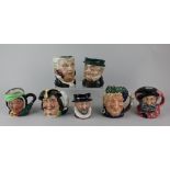 Seven Royal Doulton character jugs to include Bacchus, Pickwick and Capt Henry Morgan tallest 11cm