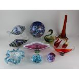 A collection of Murano and coloured glass ornaments and tableware to include a blue globular