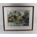 Edward Wesson RI (1910-1983), view across a pond, watercolour, signed in pencil 32.5cm by 44cm
