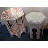 Two modern Moroccan style occasional tables, both with hexagonal top, inlaid with composite floral