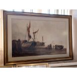 Maritime school, fisherfolk amongst moored boats, watercolour, unsigned, 61cm by 96cm
