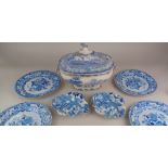 A pair of blue and white willow pattern shell shaped dishes, possibly Worcester, together with