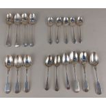 Five modern silver Old English pattern coffee spoons four Victorian silver teaspoons with engraved