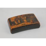 A novelty wooden snuff box the lid decorated with a scene of ape characters at the dentist,