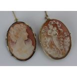 Two carved shell cameo brooches, on include one in yellow metal mount detailed '9ct'