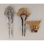 A Victorian 9ct gold mounted tortoiseshell hair comb Birmingham 1898, together with a silver hair