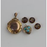 A Victorian gold and turquoise three stone heart shaped pendant glazed with a locket compartment,