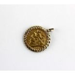 An Edward VII gold half sovereign dated 1903 in loose pendant mount