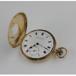 Mappin & Webb, an 18ct gold half hunter pocket watch, the white enamel dial with Roman numerals