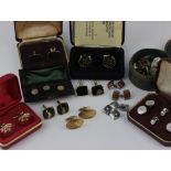 A set of three Victorian gold dress studs cased, together with various pairs of cufflinks and