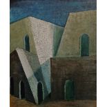 Valerie Spencer-Phillips (b 1923), buildings in shadow beneath blue sky, 'Malta II', oil on board,