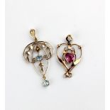 A 9ct gold and pale blue gem set pendant and a gold and pink gem set detailed '9'