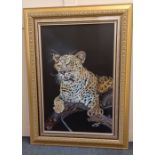 David du Plessis, 'Leopard Perched in a Tree', oil on board, signed and dated 98, 90cm by 59cm, with