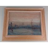 A G Nicholls, harbour view at sunset, oil on canvas board, signed, 28cm by 39cm