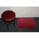 An adjustable footstool with upholstered top 50cm and a circular upholstered stool on turned