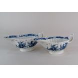 A pair of Caughley blue and white porcelain sauceboats in 'The Mission Church' pattern, each with