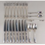 Eight modern silver Fiddle and Thread pattern dinner forks, two dessert spoons, a dessert fork and