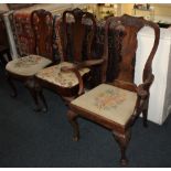 A Queen Anne style carver dining chair and two other single chairs with similar shell carved backs