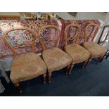 Four Victorian balloon back dining chairs with pierced bar back, and upholstered seats, on