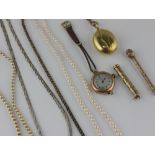 A 9ct gold cased wristwatch, two pearl necklaces with gold clasps detailed '9ct', an Italian