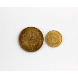 A French Napoleon III gold 20 francs coin dated 1854 and a gold 5 franc coin, dated 1854