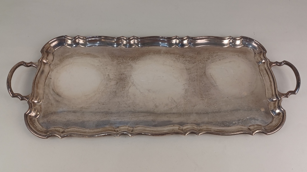 A modern silver two-handled rectangular tray with piecrust border, maker J B Chatterley & Sons