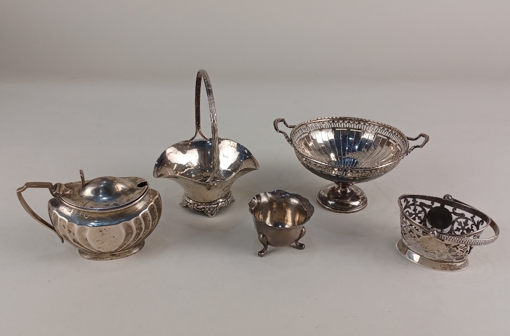 A George V silver pedestal bonbon dish London 1925, a basket, fluted mustard pot and two other