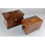 A 19th century rosewood tea caddy of sarcophagus form, mother of pearl inlaid, on bun feet 22.5cm,